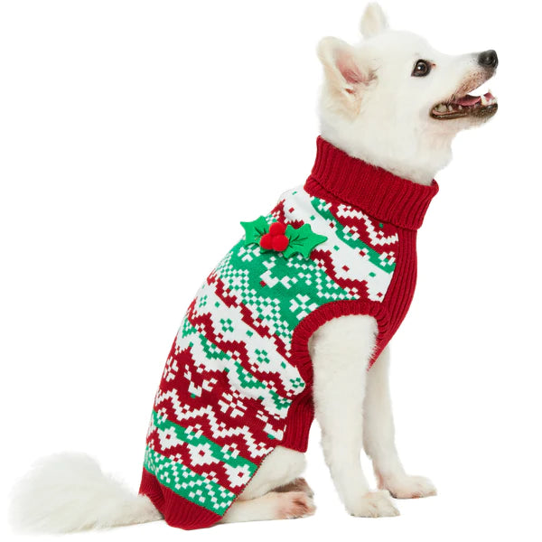 Blueberry Pet - Christmas Reindeer Zigzag dog sweater with holly