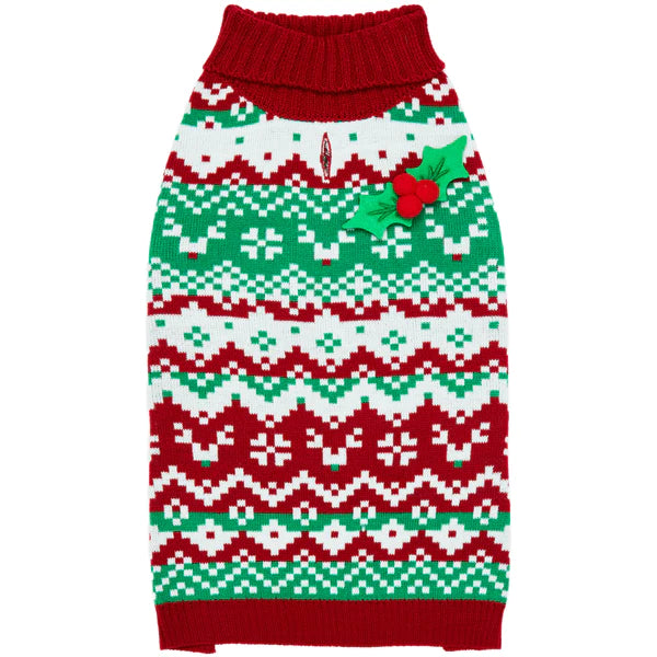 Blueberry Pet - Christmas Reindeer Zigzag dog sweater with holly