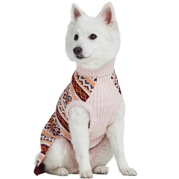 Blueberry Pet - Fair Isle Dog Sweater, Beige and Brown