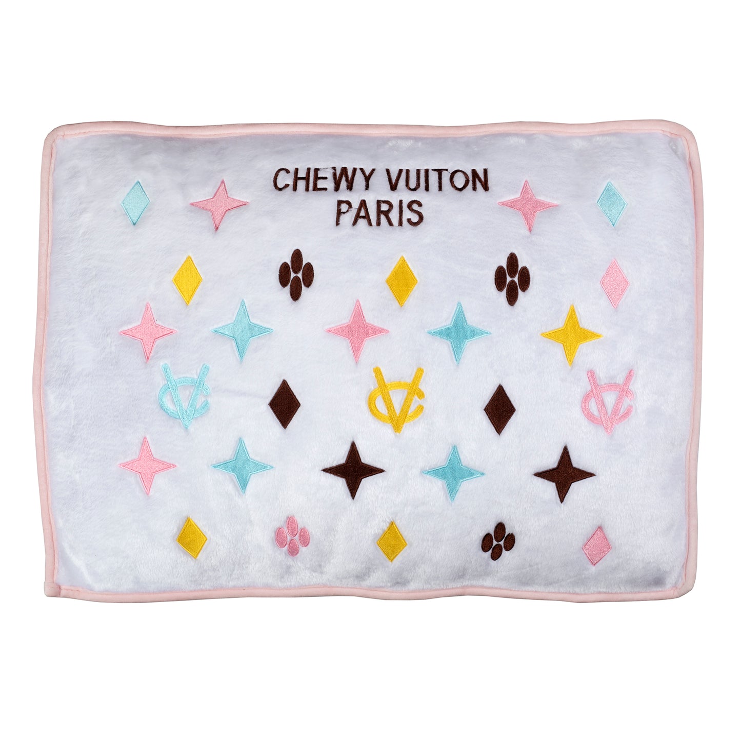 White Chewy Vuiton dog bed