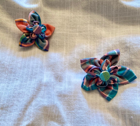 Peach and blue pet flower bow