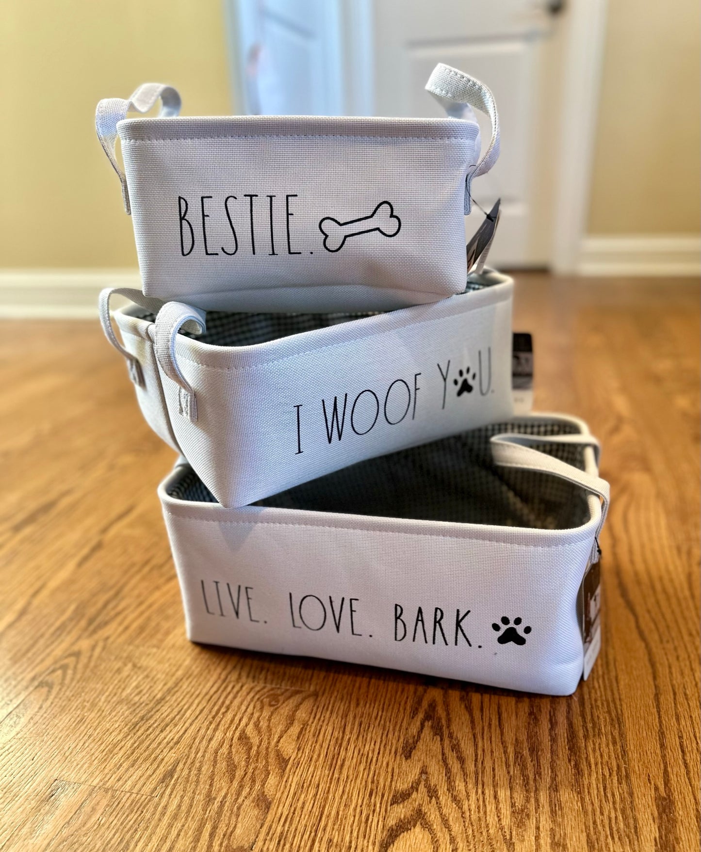 Rae Dunn "Live, Love, Bark" Set of 3 White fabric Cube Bins