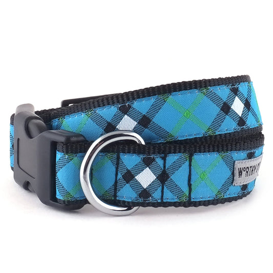 Blue plaid dog collar and leash set