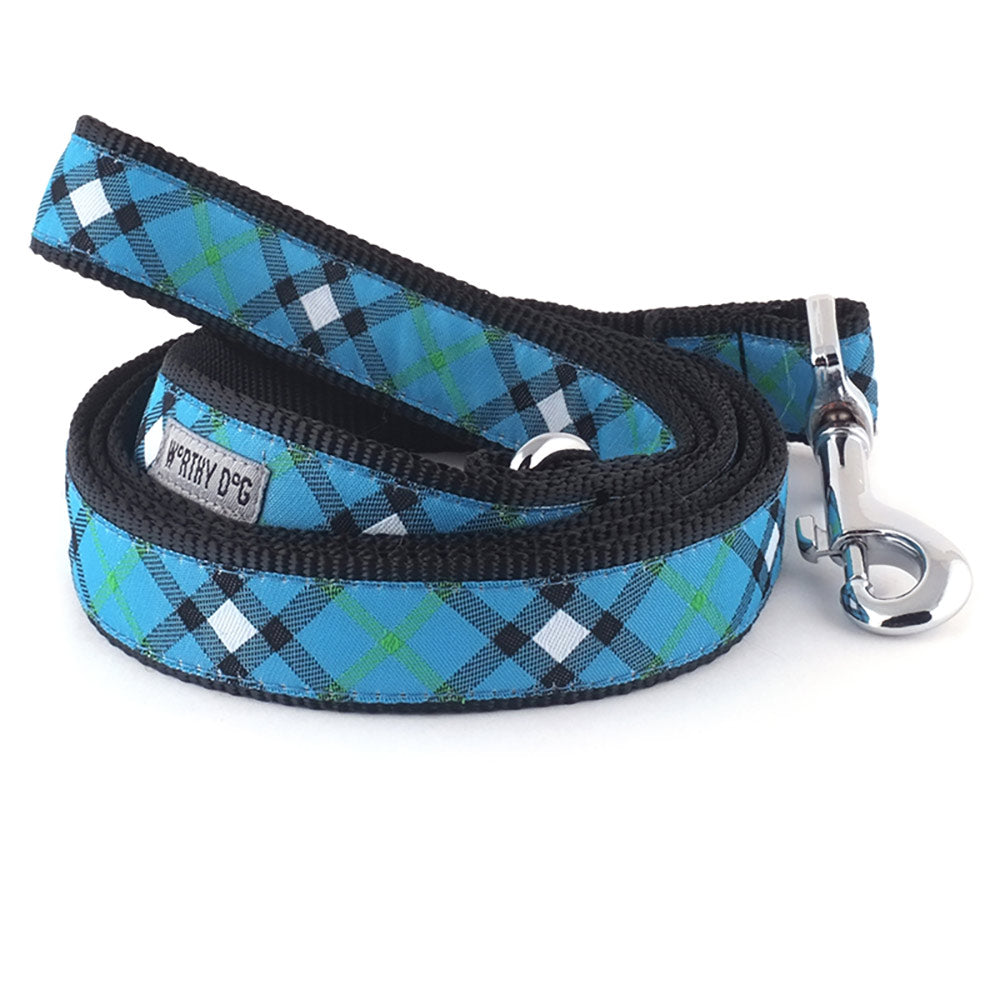 Blue plaid dog collar and leash set