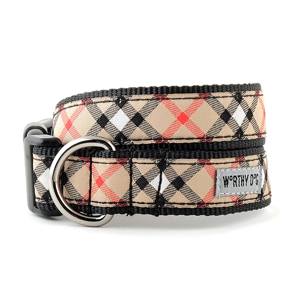 Tan plaid dog collar and leash set