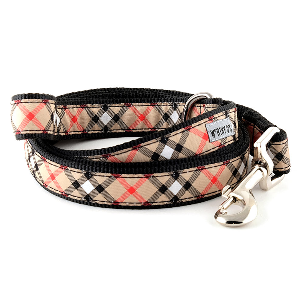 Tan plaid dog collar and leash set